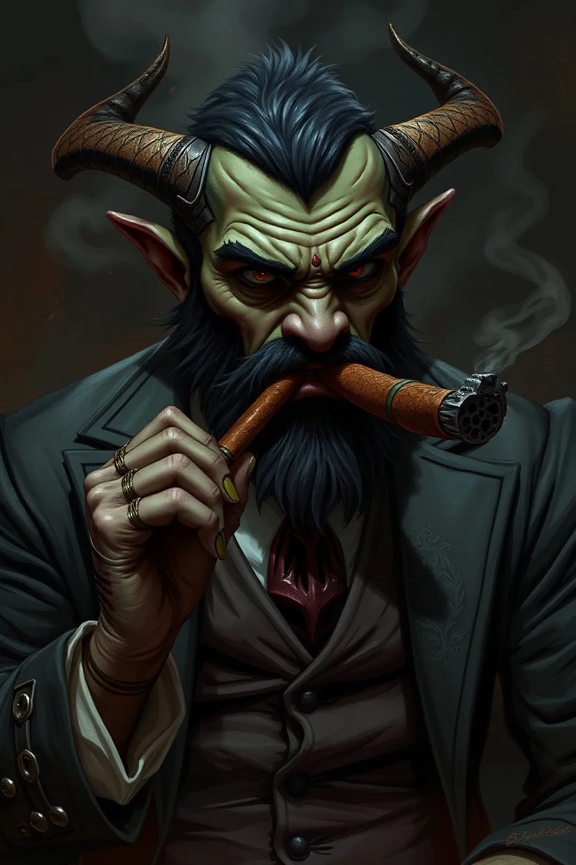 orcish mafia boss with a cigar grimdark realistic