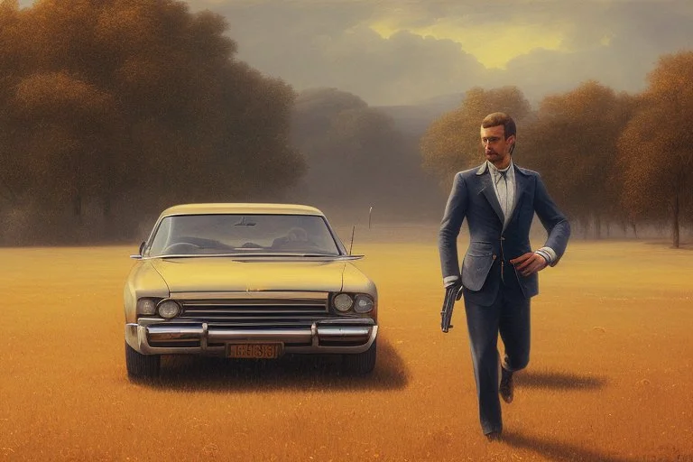 man with the gun walking among cars on dry field by poussin