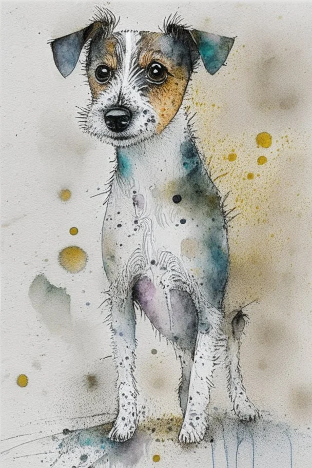 Abstract wet watercolour of a rough coated jack Russell, ink lines, interlinked circles, detailed,focus on eyes, watercolour paper