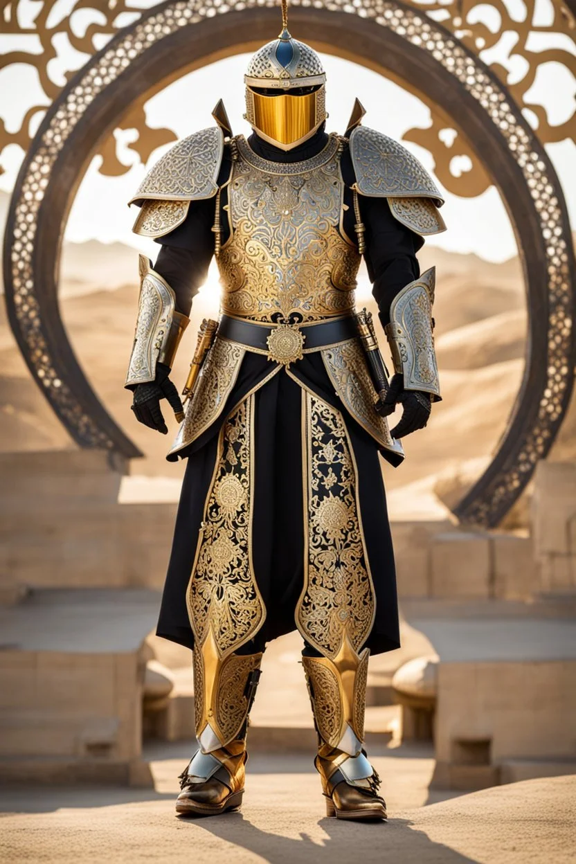 Full body photography,front_view,militan islamic looking at viewer,traditional dress ornaments mechanical_armor,intricate armor, delicate golden filigree, intricate filigree, black metalic parts, detailed part,desert background, dynamic lighting