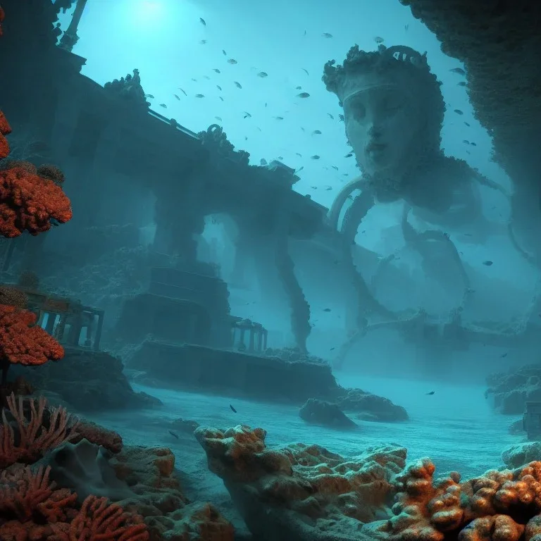 lost underwater city, Poseidon, highly detailed, cinematic, ultra photorealistic, ultra realistic, volumetric lighting, sun shafts, spectral, 4k, 8k, fish swimming around, murky, coral reef, shipwreck