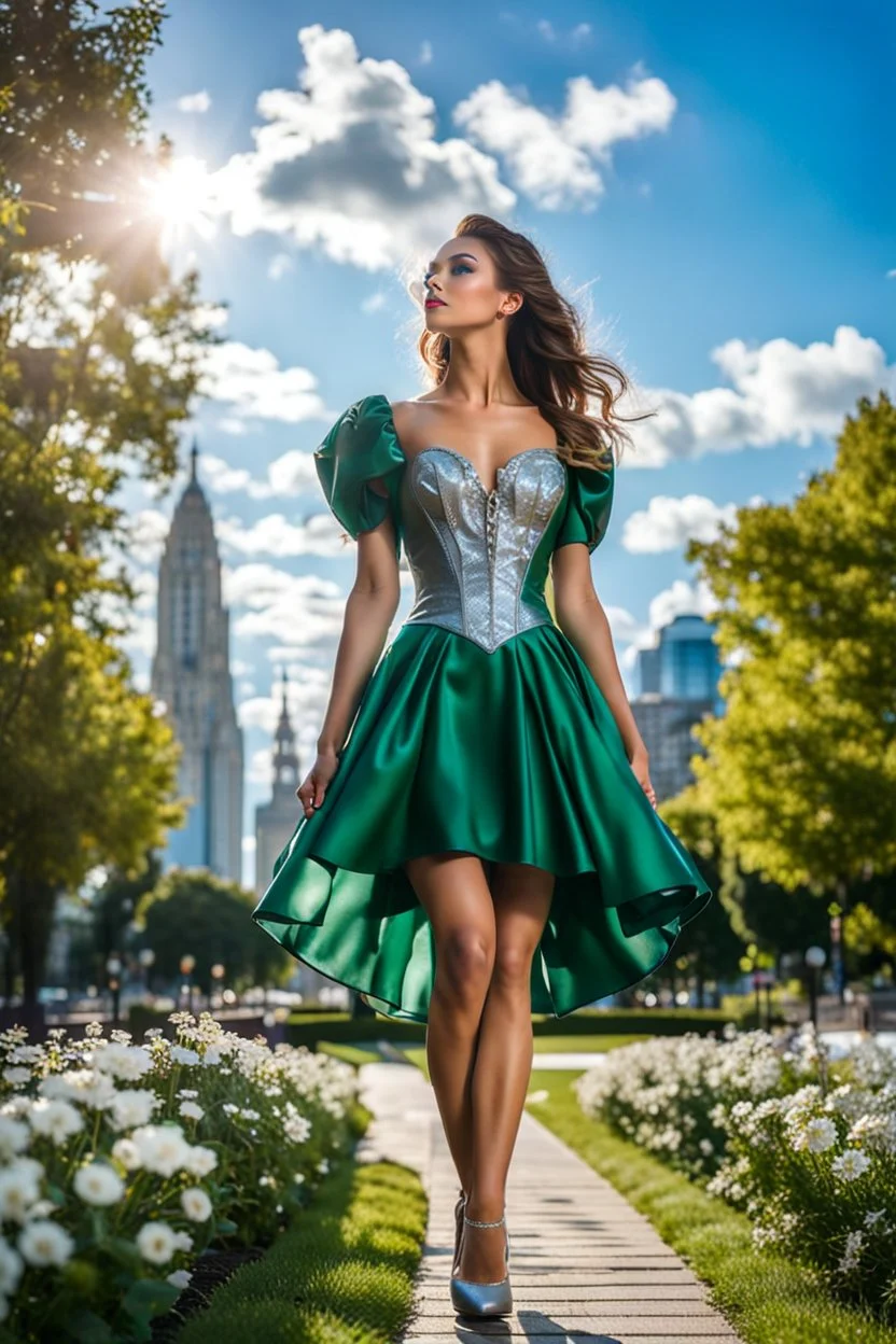 fullbody girl makeup wearing a dark green-silver victorian short dress walking in moder city of 2040 park ,flowers ,pretty clouds in blue sky,city escape.