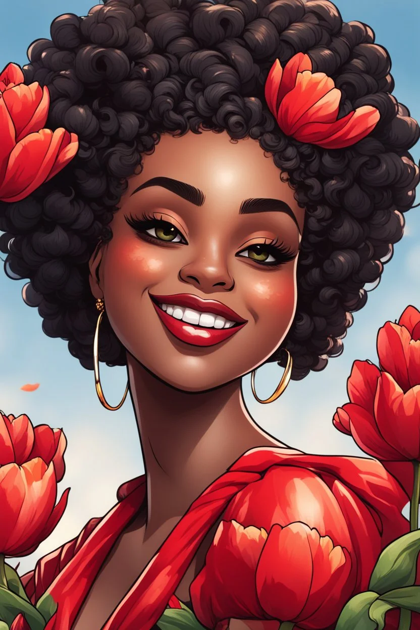 Create a comic book cartoon art style image of a curvy black female looking down with a smile on her face. Prominent makeup with hazel eyes. Highly detailed messy curly bun with a hair scarf on her head with large red tulip flowers surrounding her. 2k