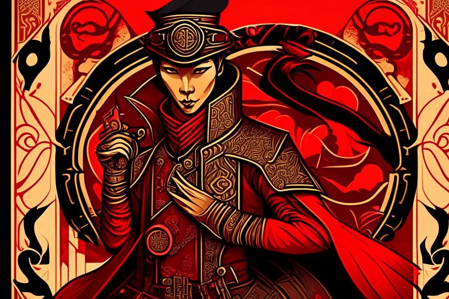 Stylized Asian Steampunk knave, In the style of Tarot and Art Deco, Red colours