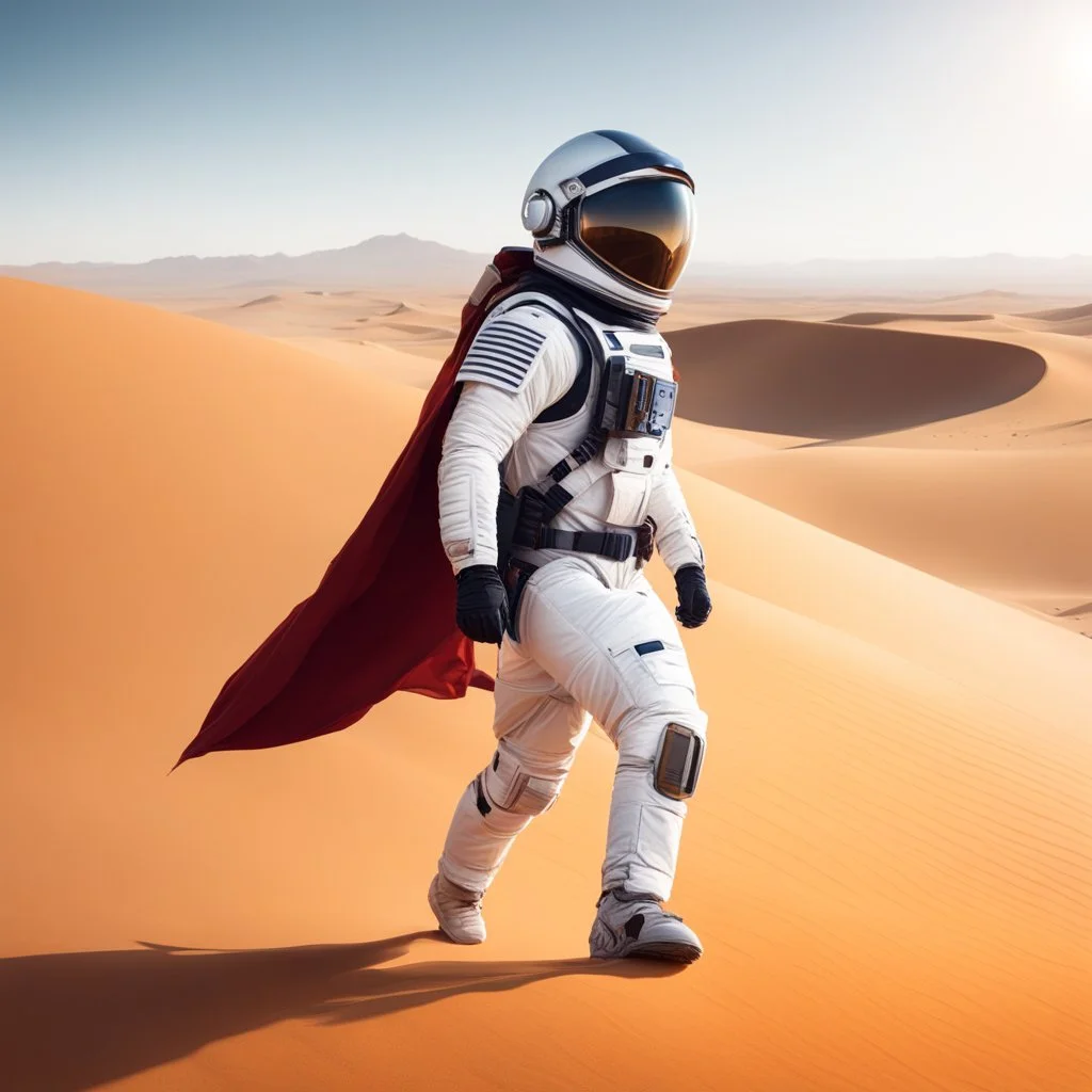 in spacesuit in the desert, top of a dune, a blaster in the hand, a cape in the warm wind