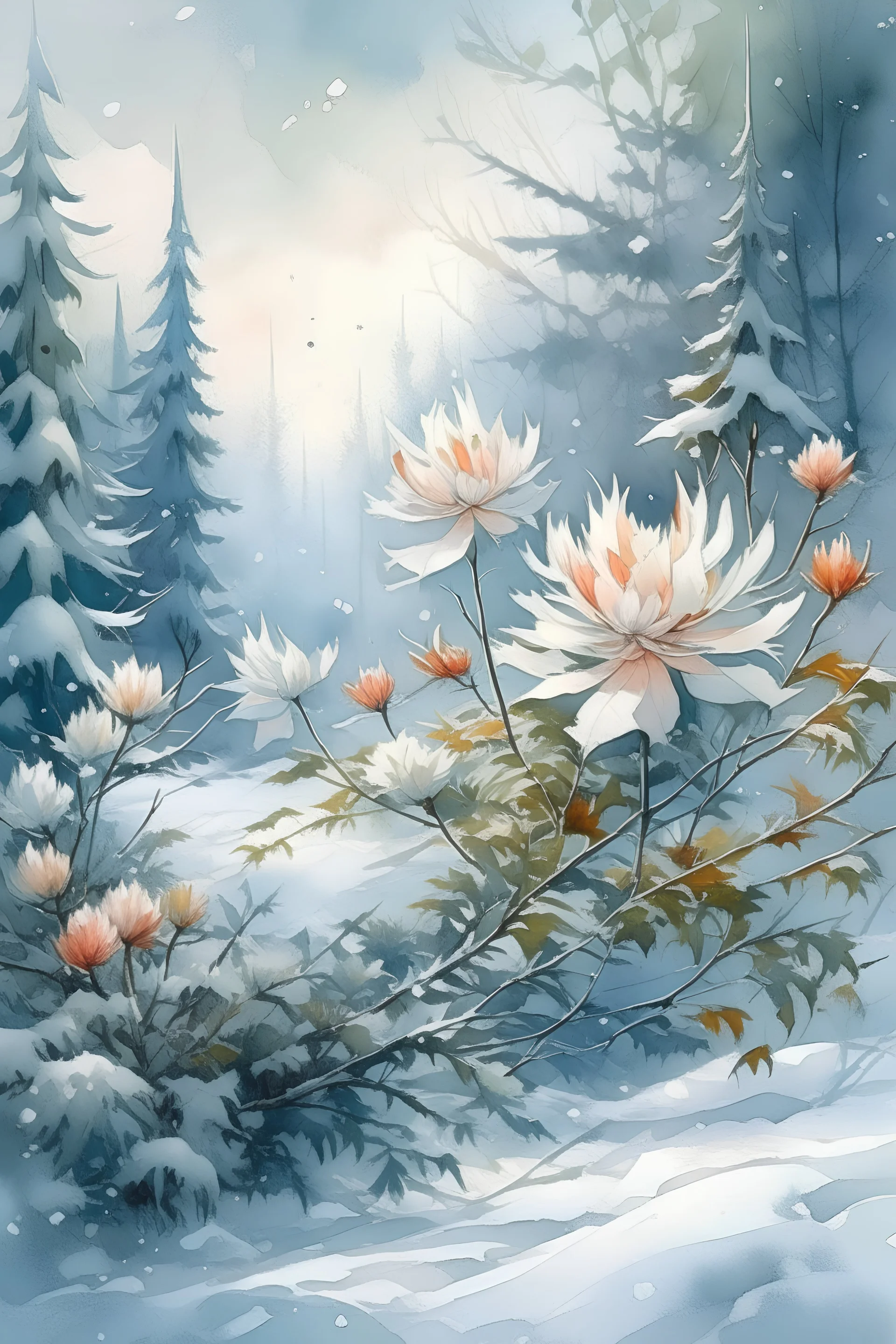 Wet watercolor, beautiful flowers, fir trees, fine drawing, beautiful snow-white landscape, pixel graphics, delicate sensuality, realistic, high quality, work of art, hyperdetalization, professionally, filigree, hazy haze, hyperrealism, professionally, transparently, delicate pastel tones, back illumination, contrast, fantastic, nature, space, Milky the way is fabulous, unreal, translucent, glowing,clear lines