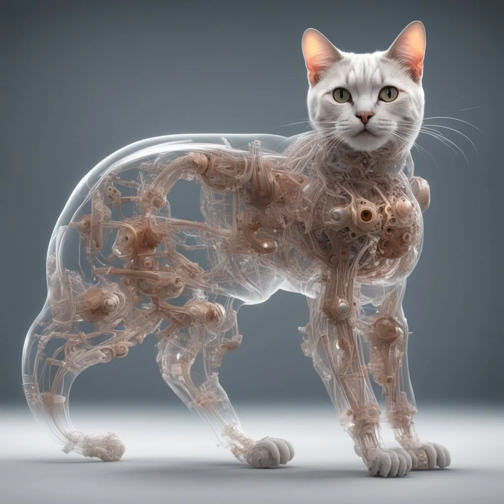 Mechanical anatomy of a cat being, transparent skin revealing all the mechanisms 8k