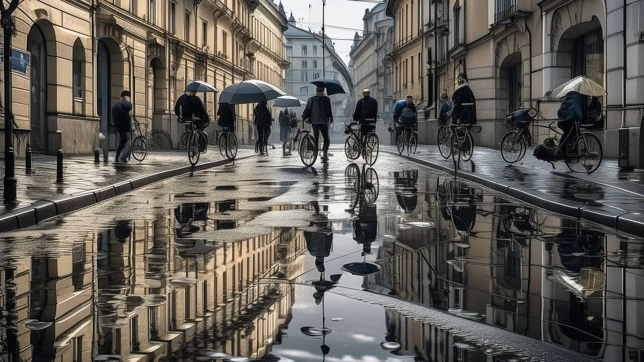 Puddled streets in an old European city on a dark and rainy day. Walkers with umbrellas and some on bicycles are reflected in the puddles