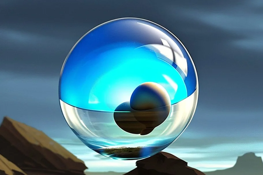 Blue transparent sphere seeing by a person, in the rocky alien landscape, infinite.