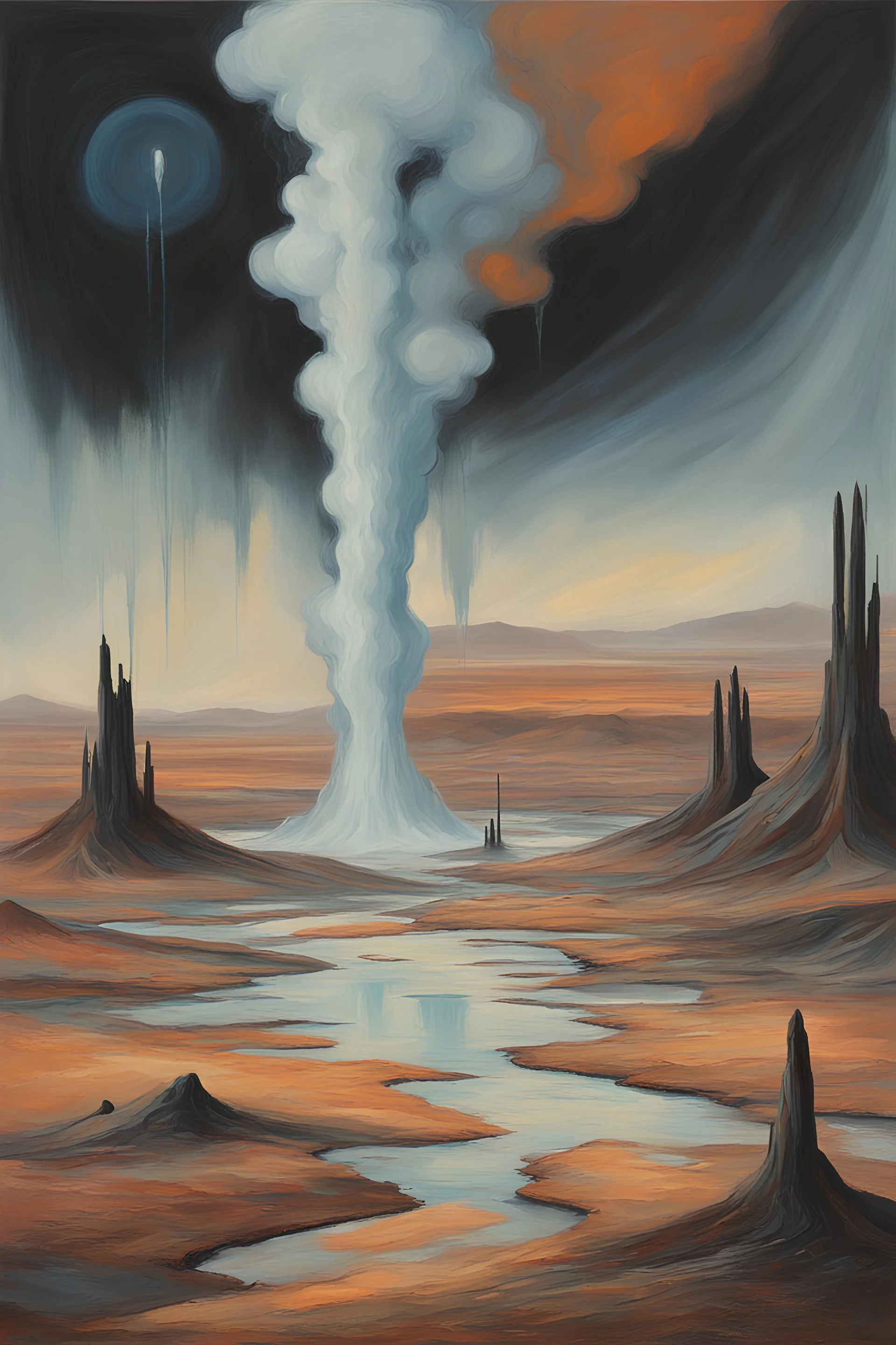 expressionist painting of a desolate alien landscape with geysers
