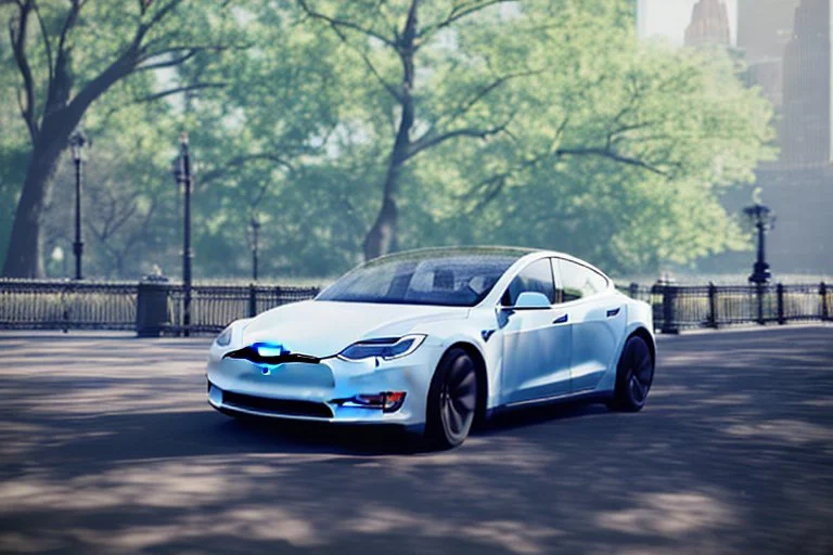 A Tesla 'Model Y' is drifting at high speeds, in 'Central Park' in New York City. (CINEMATIC, WIDE ANGLE LENS, PHOTO REAL)