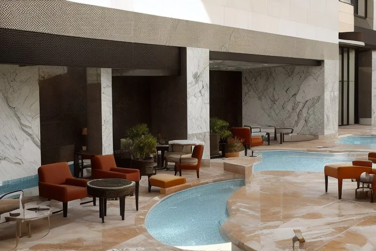 bookmatch effect marble on the wall of a luxury hotel with a rooftop pool. there are many tourists on the sunny patio