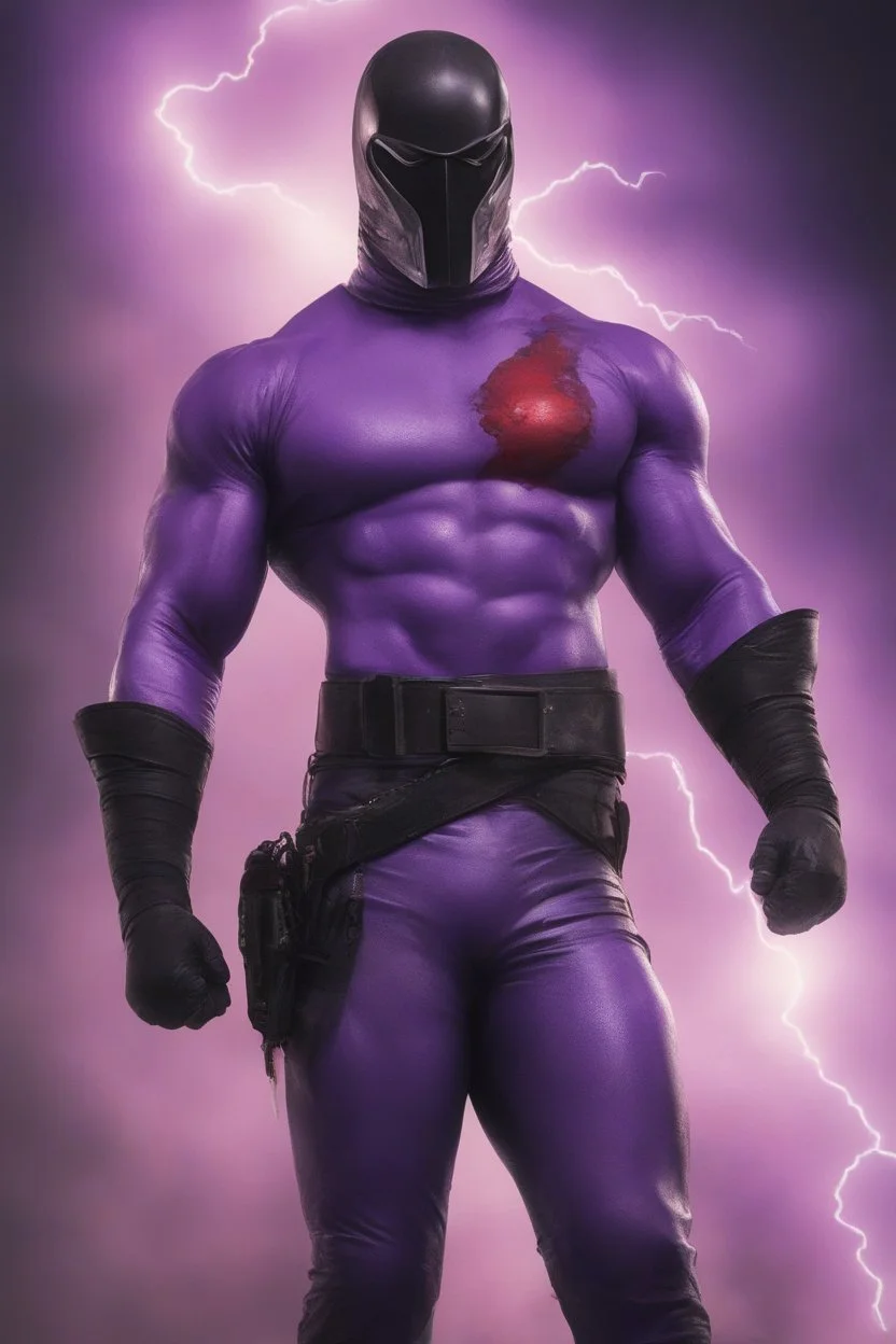 Kent Walker aka THE PHANTOM, Strong, athletic physique, Flexing poses, skin-tight, formfitting purple nylon-leather bodysuit, skin-tight, formfitting purple cowl, black utility belt, double holstered pistol belt, black knee-high boots, glowing white eyes, battle scars, blood, ((foggy, cloudy background, multicolored lightning, flowing lava, Full Eclipse, aliens, explosions, bright, vibrant, extremely colorful, detailed, blood red skies))