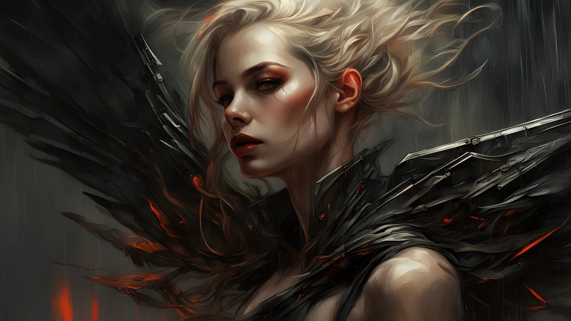 biomechanical women, beautiful, cyberpunk, dusty blonde, short square, large biomechanical black wings, sword, cybernetic, dynamic pose, rain, wind, ashes, flashes of fiery threads, sketch art, fine lines, grunge, sensual, darkness, dark colors, by Raymond Swanland & Alyssa Monks & Anna Razumovskaya