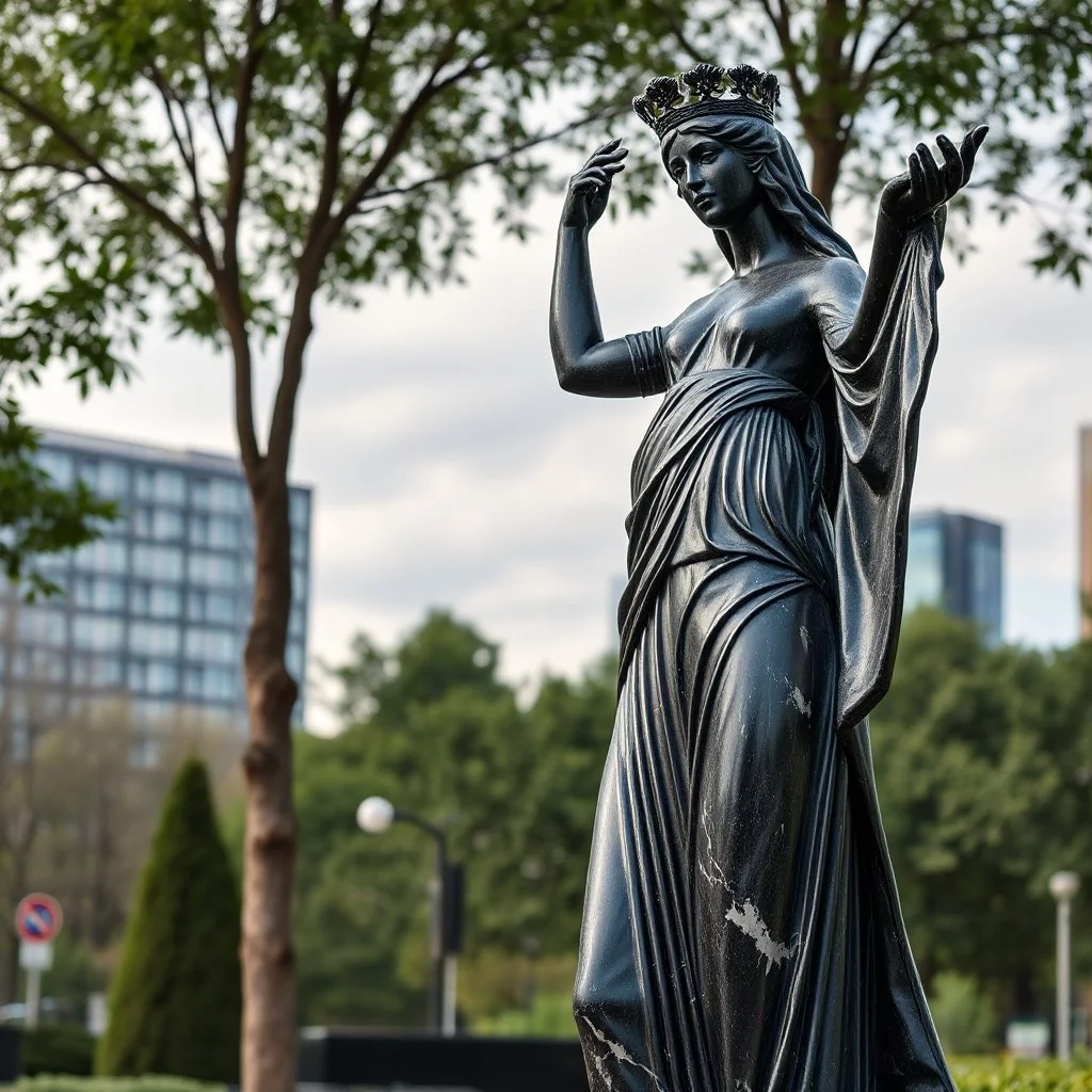 photo of a lady statue made of black marbel showing a goddoss love in a modern city center park