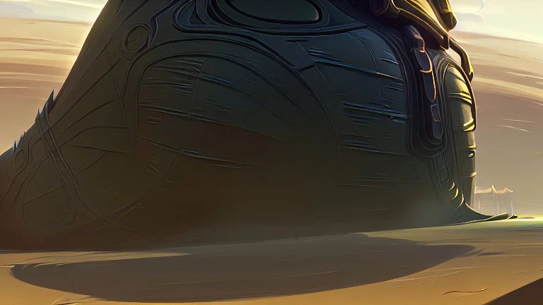 a yellow car parked in front of dune giant sandworm, concept art