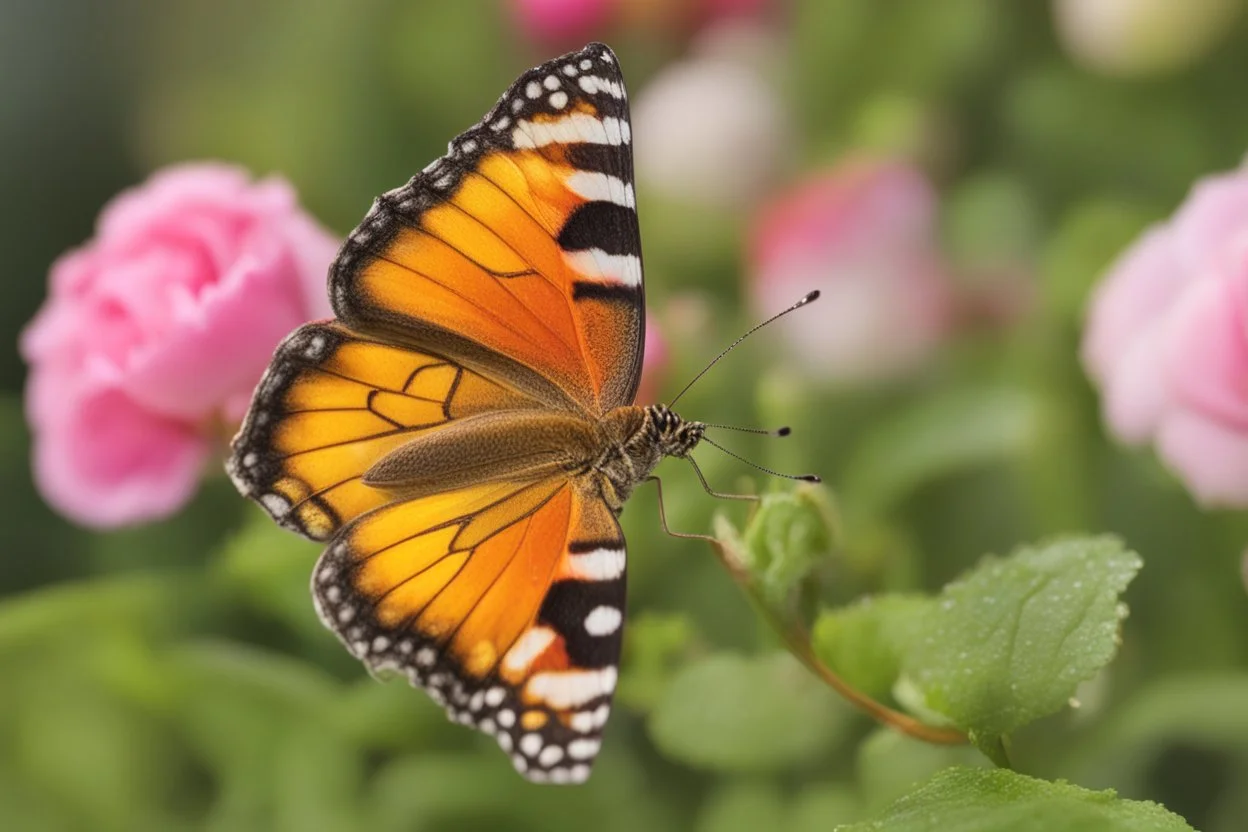 vibrant butterfly, its wings reflecting the rainbow, settled on a dew-kissed rose in a lush garden, with a warm and lively atmosphere"