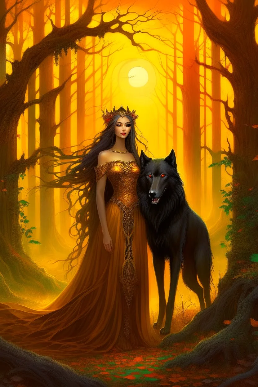 In the heart of a dense and enigmatic forest with towering ancient trees cloaked in amber foliage stood a bewitching sorceress possessing an ethereal allure her lustrous hair cascading in ebony waves down to her slender waist that turns into roots In the background a faithful companion a majestic canine of Belgian shepherd lineage roamed at her side its eyes illuminated by an otherworldly crimson glow exuding an aura both mysterious and demonic