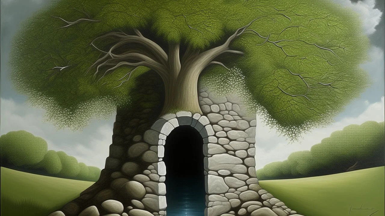A surrealist painting depicts a stone wall with two rectangular openings. The upper opening reveals a solitary tree on a grassy hill. The lower opening shows a gently rippling body of water.