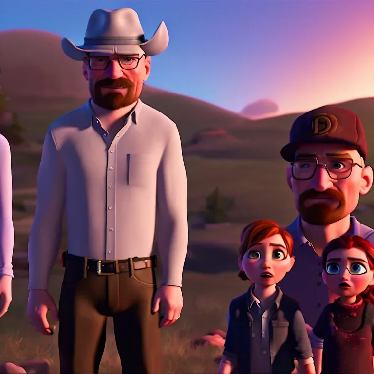 Walter White and his family, 8k, realistic face, with a fedora, sunset background, zombies.