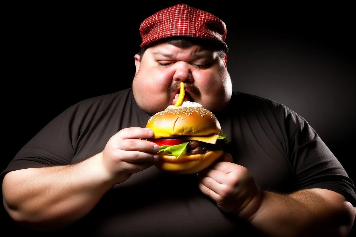 sterotypical american fat guy eating a burger