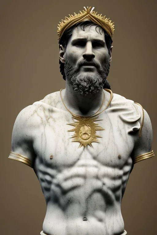 Ultra Realistic image, Roman sculpture, white marble material, Lionel Messi, gold crown of natural thorns, god crown, gold veins, gold ornaments, Renaissance style, sun rays background, waist up portrait, epic, celestial, cinematic lighting, God lights, 4k resolution, smooth details, soft lighting, unreal engine 5, art station, substance 3d.