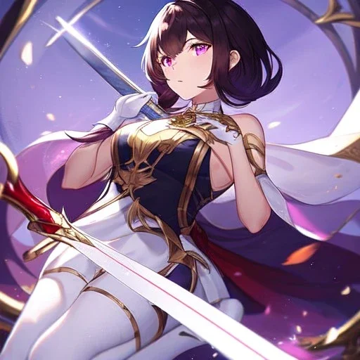 Clear focus, High resolution, Black red faded hair, low small ponytail, purple dead glowing eyes, white detailed split skirt, purple and white detailed sleeveless shirt up to neck, white gloves up to elbow, holding sword, gold necklace, white thigh high boots, zoomed out, (solo)