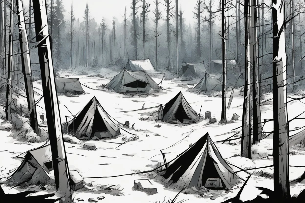 campsite, winter, tents, overgrown, post-apocalyptic, comic book, forest