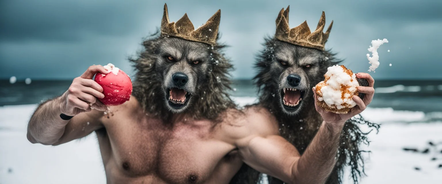 photo shoot of self aware werewolf boxing with ice cream and snow with sea weed crown