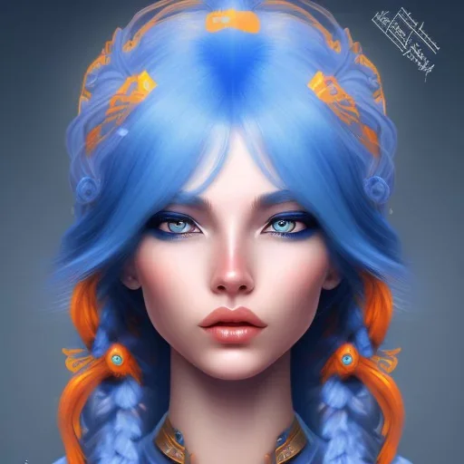 human kingfisher girl with blue hair and orange strand of hair