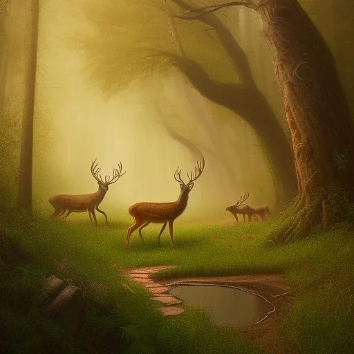 fantasy art, book cover, "As your horse ride deeper into the forest, you begin to see signs of wildlife. A closeup on deer dashes across the trail ahead of you. The journey may be long, but in this moment, it feels as though you are exactly where you need to be."