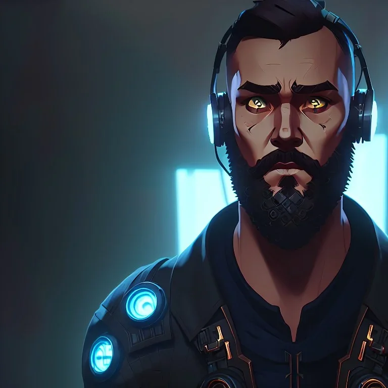 DJ cyborg bearded Christian Boshell with headphones. dystopian cyberpunk style similar to sin city, cinematic Fire theme art, Dark moody atmosphere, similar to a Michelangelo art direction, close-up face