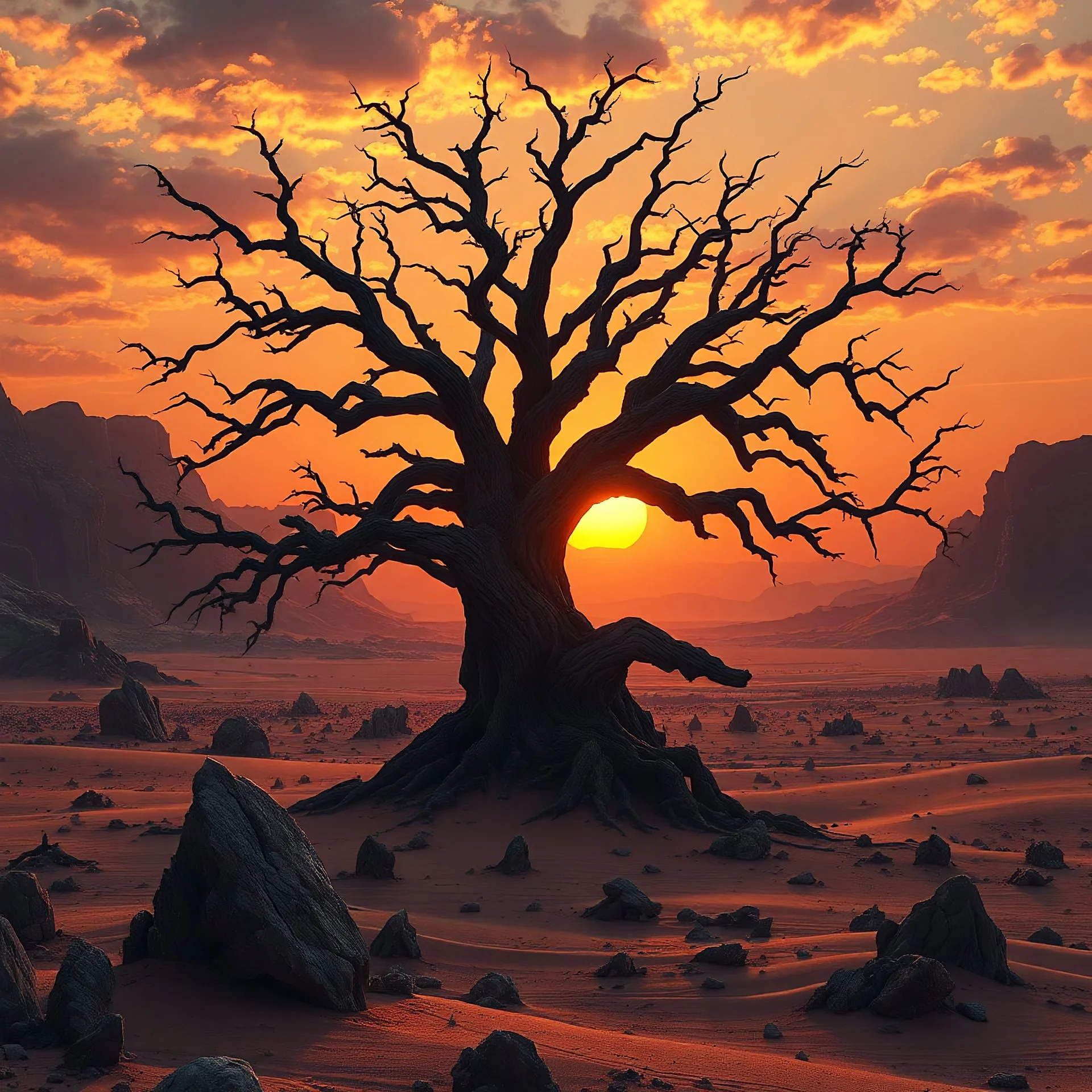 A majestic, ancient tree stands silhouetted against a fiery sunset, its gnarled branches reaching towards the heavens like grasping fingers. The surrounding landscape is barren and desolate, with jagged rocks and windswept sand dunes stretching as far as the eye can see. The scene is rendered in a hyperrealistic style, with dramatic lighting and intricate details, capturing the raw power and untamed beauty of nature. Inspired by the works of Albert Bierstadt and Frederic Church, with a modern tw