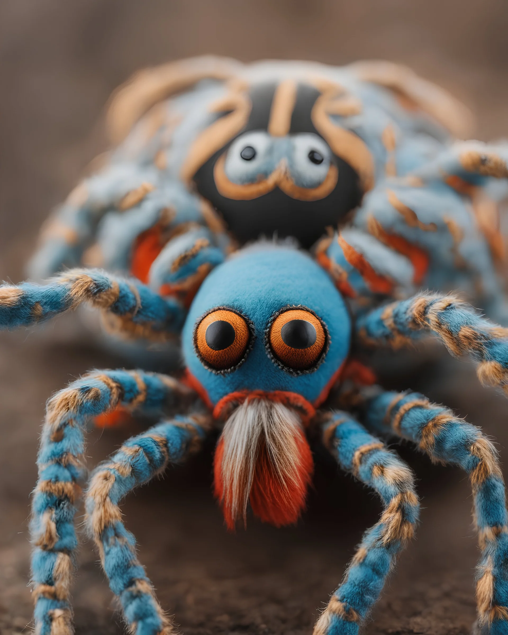 A close-up shot of a high-quality, handmade plush spider toy, showcasing the intricate details of its carefully embroidered eyes, vibrant colors, and lifelike appearance. [Handmade Plush Spider, Close-Up Shot, Intricate Embroidery, Vibrant Colors, Lifelike Appearance, High-Quality Craftsmanship]