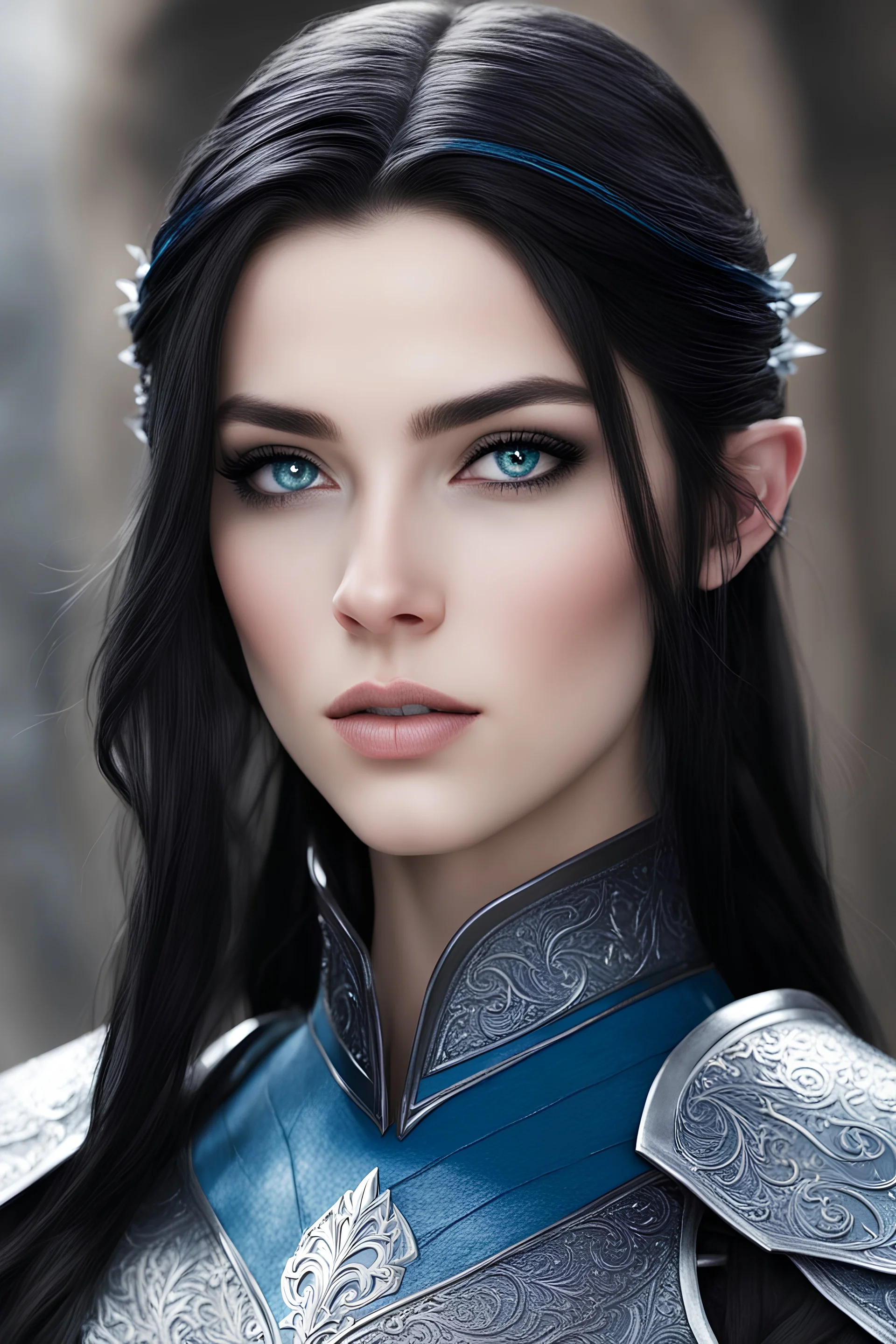 Realistic photography, beautiful young half elf female, pale skin, 20 years old, high cheekbones, attractive, black straight shoulder length hair, straight hair, blue intricate leather armor with white frills, grey eyes, front view, looking at viewer