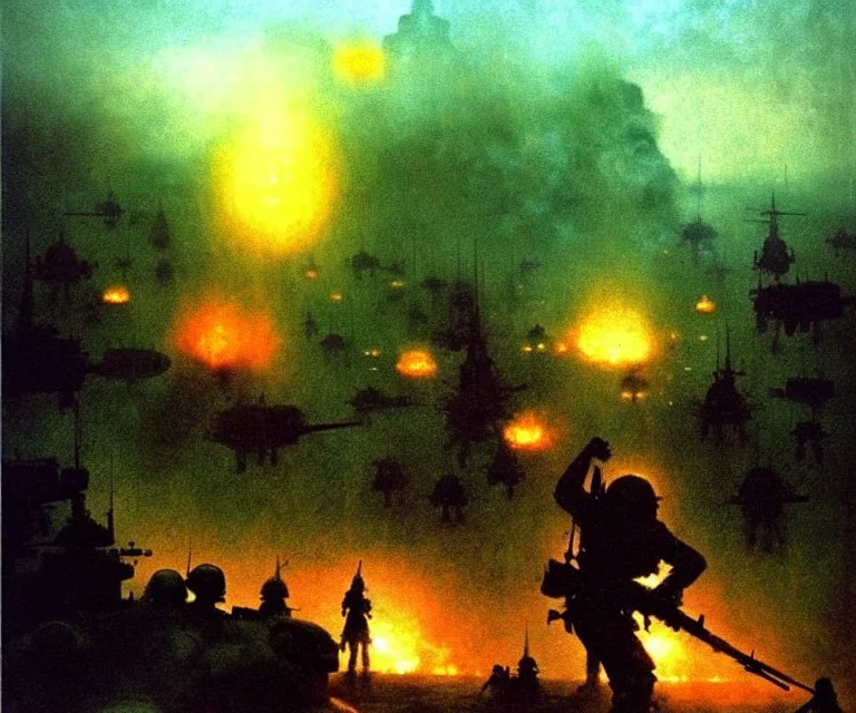 vietnam war. war. napalm. bokeh. lens flare. warm lights. high detailed. beksinski