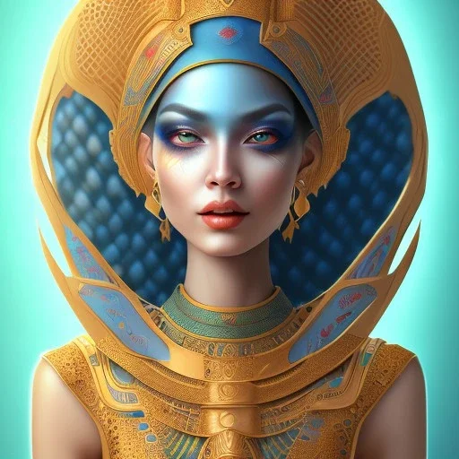 3D close-upand anime style of a beautiful Arab pharaonic girl,fantasy item, sarcastic smile, high contrast, glowing backlighting, blue and red backlighting, vibrant hair, dark brown eyes, sharp focus, high makeup, medium face painting, background blur.Mark Ryden