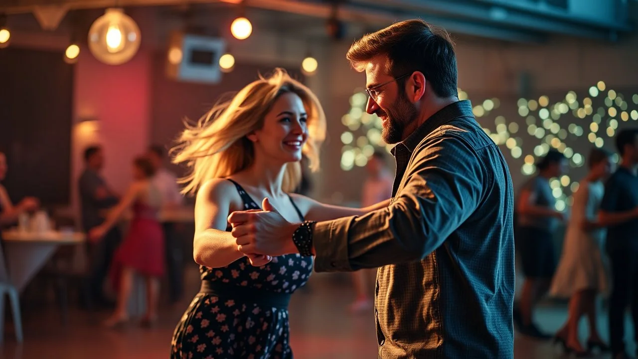 A man and a woman in their thirties are swing dancing