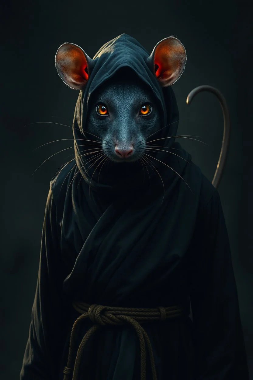 the yoga rat man, big black iris eyes with yellow glints, ou’re looking at someone who doesn’t just walk into shadows—they belong to them. The black robes cling like a second skin, the belt tied tight with gold thread that catches the light only when he moves. His face is wrapped, but not hidden—his eyes glow like embers, red and steady, as if he’s already seen what waits inside the cave. The tail curls behind him, not in fear, but in readiness. He doesn’t need a torch, because the darkness