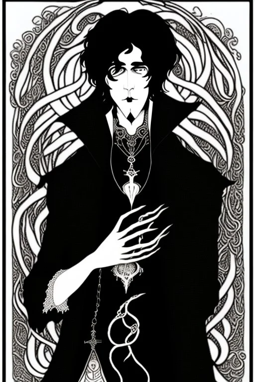 black haired young man necromancer wizard with gothic jewelry and tentacle fingers in the style of Aubrey Beardsley