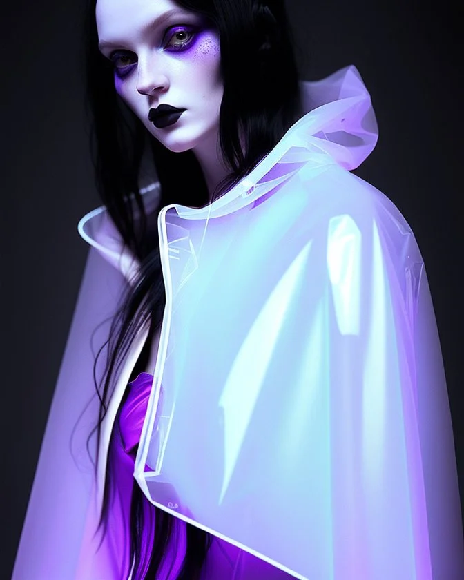 painting by koson ohara and marta bevacqua, portrait of a beautiful goth woman with long black hair, wearing a plastic raincoat, purple neon lighting, 8k, high quality, highly detailed