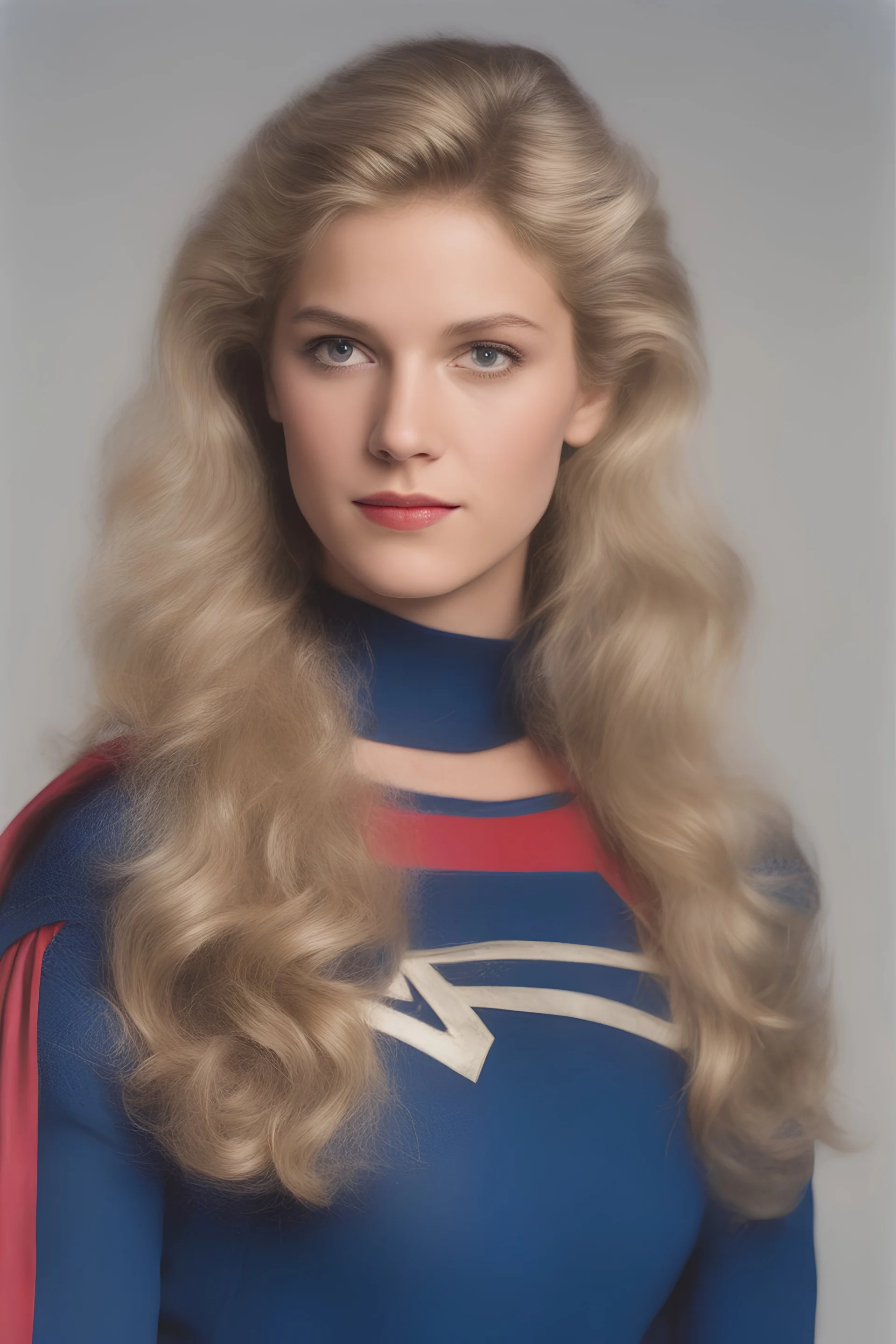 1980's yearbook photo, teenage girl, 18 years old, blonde hair, 80's hairstyle, Supergirl, photorealistic, --ar 9:16 --style raw, full body image, head to toe,