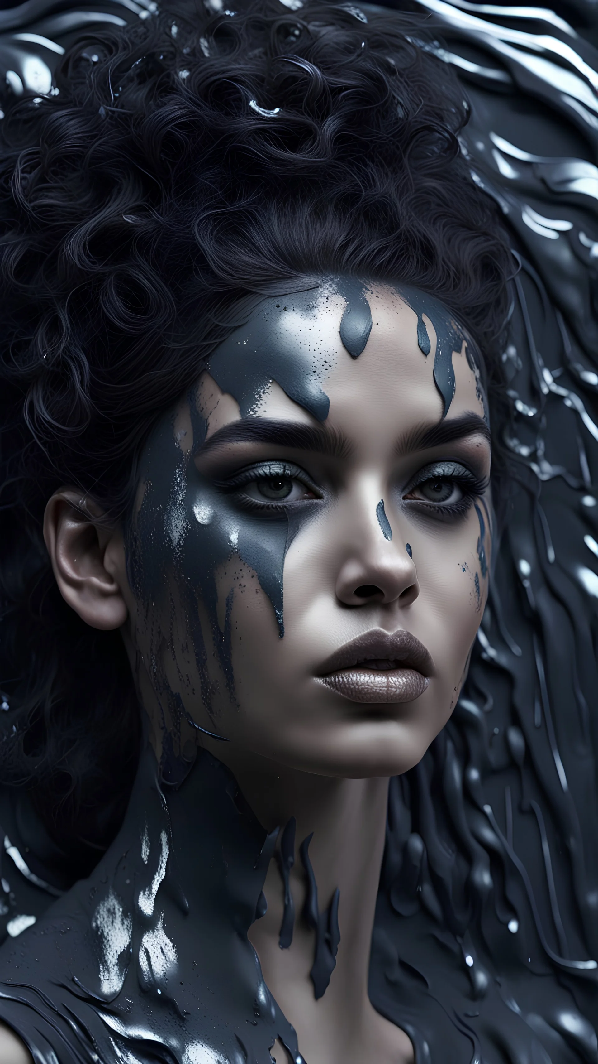 PAPERCUT 3d photo realistic portrait of young woman, dark fantasy, beautiful, dark eyes, dark make up, streaks of paint, paint blobs and smears, paint powder, textured, silver, shiny molten metalics, wild hair, high definition, octane render, 64k, 3d