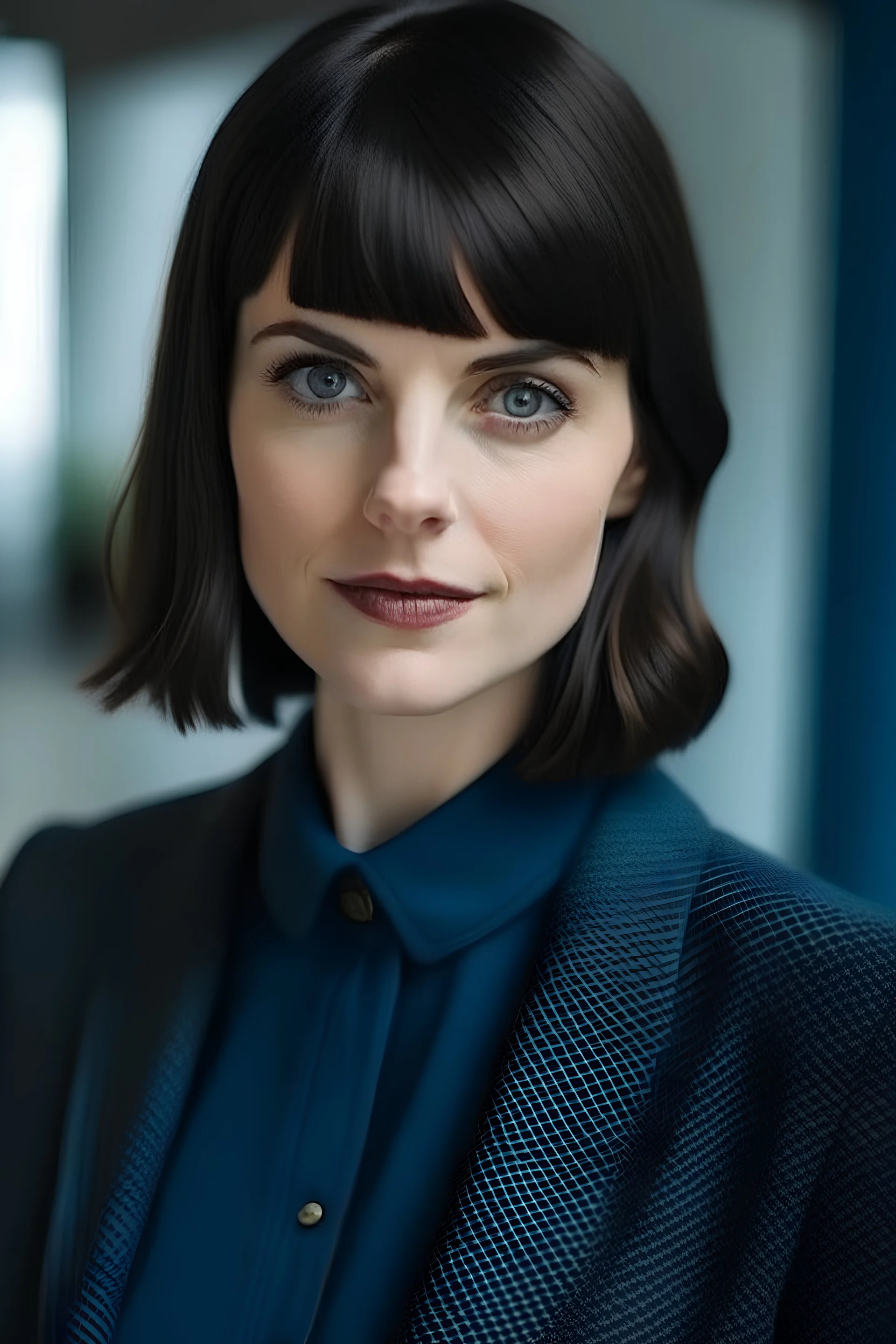 A 30-year-old woman, with a bob haircut and bangs, dark hair and blue eyes, classy office attire, flirting
