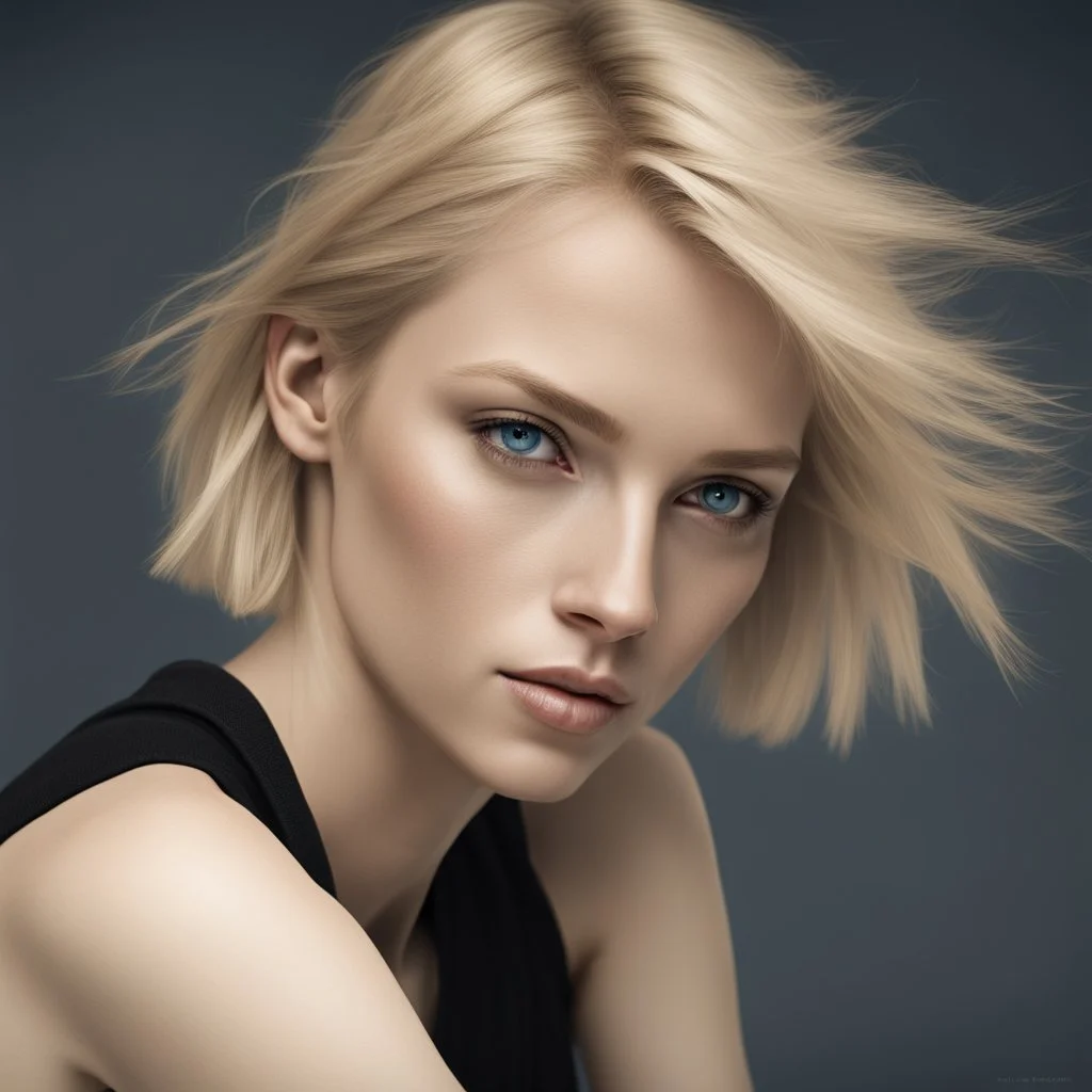 ultra realistic photograph of a very thin young woman with short blonde hair and blue eyes wearing a loose black teeshirt