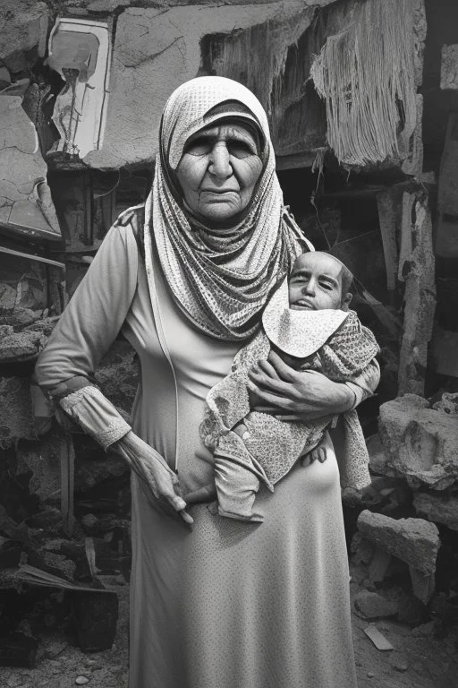 Palestinian old woman wears the keffiyeh , Carrying a small girl ,at summer , Destroyed Buildings , with a Explosions, at night