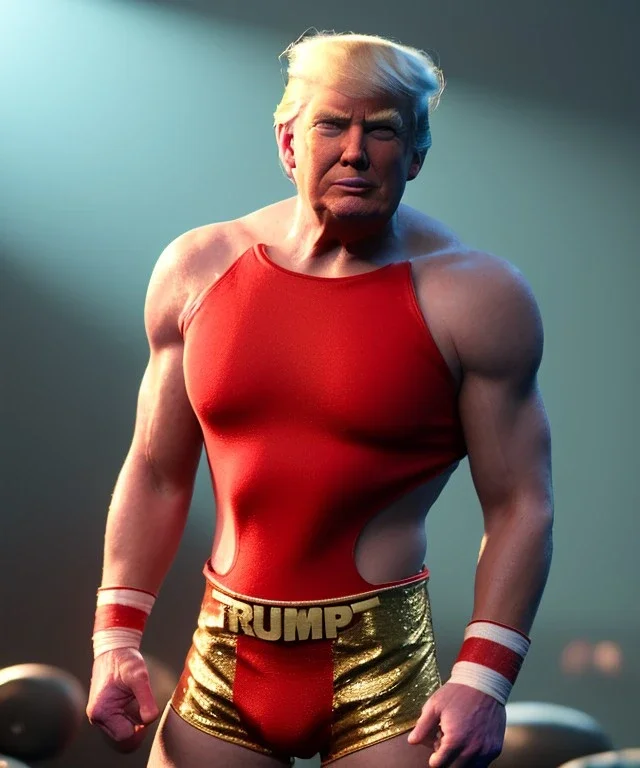 Donald trump wrestling fighter, naked torso, color breeches, suspenders, retro style, 80s, hot ambient, photo studio, red, gold, vibrant color, gradient, highly detailed, art stations, concept art, smooth, unreal engine 5, god rays, ray tracing, RTX, lumen lighting, ultra detail, volumetric lighting, 3d, finely drawn, high definition, high resolution.