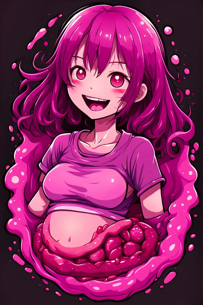 A detailed illustration Anime girl smiling crushed inside really darkpink fleshy stomach filled with digestive juices, t-shirt design, fantasy art, focused on the character, vector logo, vector art,