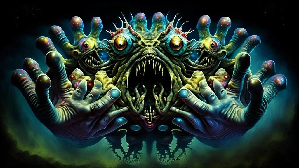 hyperreal mutant four mouths six hands giant cosmic monster