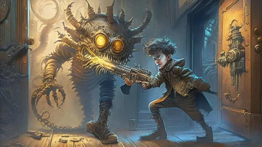 boy fends off the evil monster that came out of his closet with a steampunk styled rifle